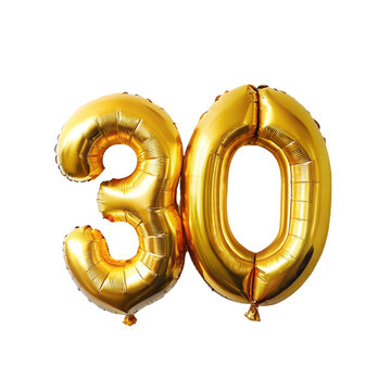 Number 30 gold helium balloon isolated on transparent background.