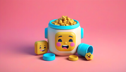 An isometric canister with a sarcastic emoji face on it, against a soft pastel background.
