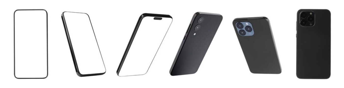 Smartphones with blank screens isolated on white, collage. Mockup for design