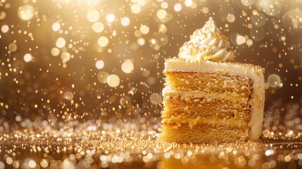 A slice of cake with frosting on a shiny surface, AI