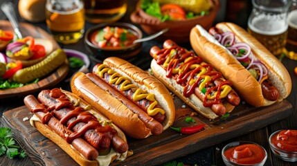 Various hot dog and beer. Homemade hotdogs on cutting board - obrazy, fototapety, plakaty