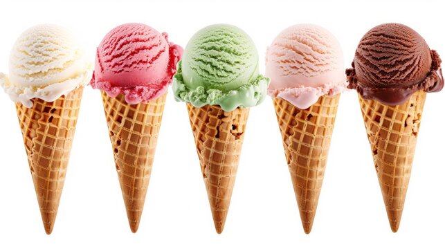 Vanilla, strawberry, chocolate, mint ice cream scoops in cones isolated on white background
