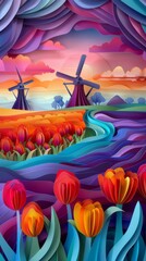 Spring Tulips Tulip Flower Flower Holland Windmill Sunrise Sunset Landscape Paper Cut Phone Wallpaper Background Illustration	
