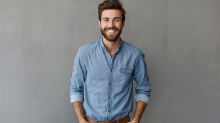 Confidence and business concept. Portrait of charming successful young entrepreneur in blue-collar shirt, - obrazy, fototapety, plakaty