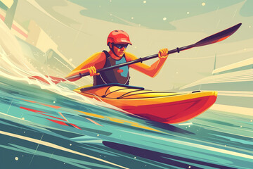 Kayak slalom racing through rapid water. Olympics Sport. Gain gradient modern cartoon design. Generative AI. - obrazy, fototapety, plakaty