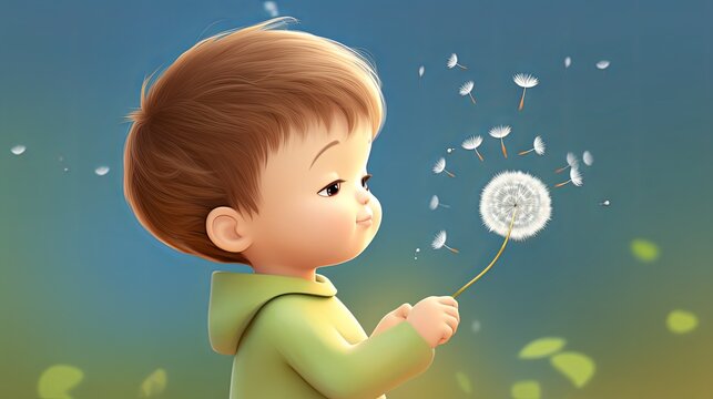A 4-year-old blowing dandelion seeds, close-up, seeds dispersing in the wind, cute, cartoon