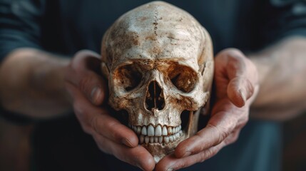 A person holding a human skull in their hands, AI