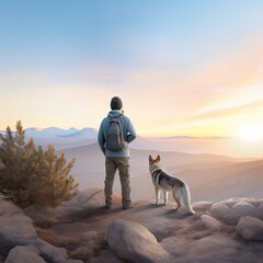 Man and Dog Enjoying Mountain Sunrise View