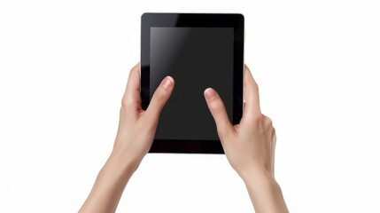 Hands touching black tablet screen, isolated on white background