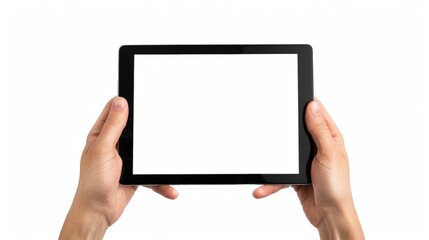 Hands with blank black tablet, isolated on white background - obrazy, fototapety, plakaty