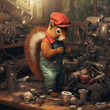 A squirrel mechanic fixes a car in a woodland auto shop, tools in hand, children's book illustration style