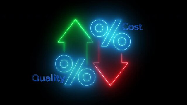 Quality control and company cost reduction. Cost and quality control concept. Successful organization strategy and management. Percentage icon of quality with up arrow and cost with down arrow.