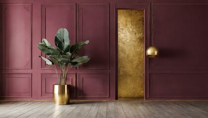 Firefly empty room, burgundy walls and gold detailed walls, modern plants. Modern and minimalist looking