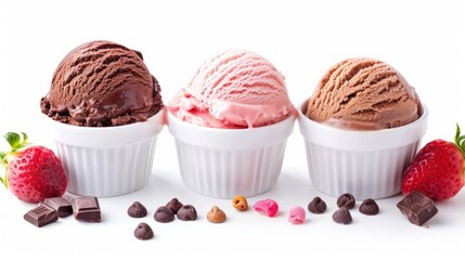 Neapolitan ice cream scoops in white cups of chocolate, strawberry, and vanilla flavours isolated on white background clipping path included