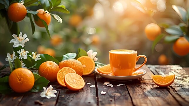 Wooden table with fresh orange with drink and orange tree background, product display scene, for advertising and poster , product presentation 