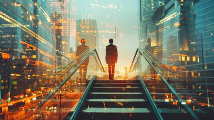 Rear view of a businessman climbing stairs to get to a large city center. Concept of success and appreciation. - obrazy, fototapety, plakaty