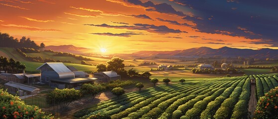 Futuristic AI farm, drones and robots harvesting with precision under the sunset, symbolizing AI in agriculture - obrazy, fototapety, plakaty