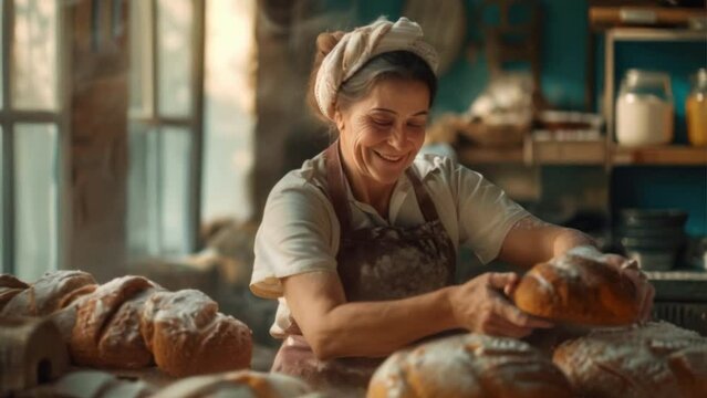 Cheerful female baker working at shop