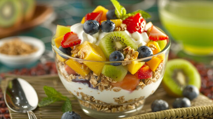 A vibrant fruit salad featuring seasonal fruits such as mangos kiwis and blueberries paired with a...