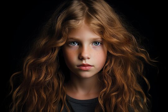 Portrait of a beautiful little girl with long curly hair on a black background