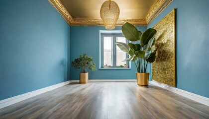 Firefly empty room, lightblue walls and gold detailed walls, modern plant. Modern and minimalist looking