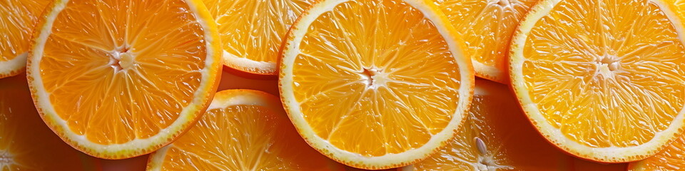 Fresh orange slices. Close up view, panorama banner 
