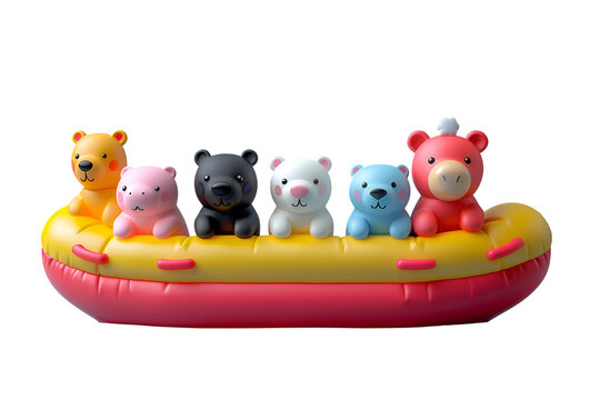 A 3D animated cartoon render of a colorful inflatable cushion boat with happy animal passengers.