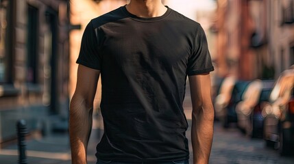 Obraz na płótnie Canvas Man in black empty t-shirt mock up wallpaper background