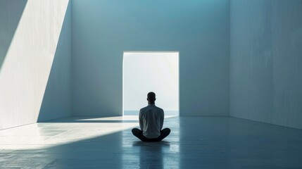 Obraz premium A man sitting in a room with an open door and light, AI