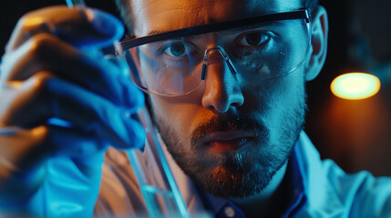 A scientist carefully holding a test tube filled with a mysterious substance - obrazy, fototapety, plakaty