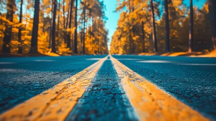 A road with yellow lines in the middle of a forest, AI - Powered by Adobe