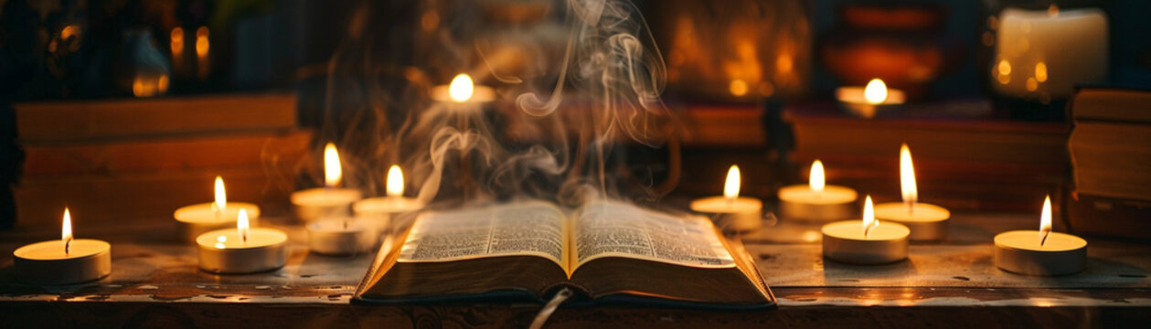 A spiritual arrangement of candles and incense with a bible as the focal point
