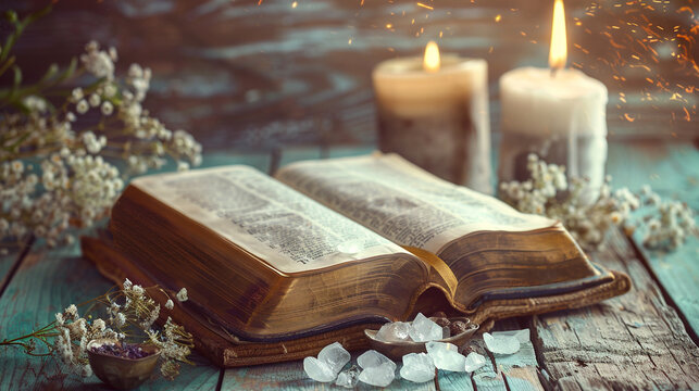 A spiritual arrangement of candles and incense with a bible as the focal point