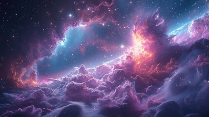 Dreamy cosmic cloudscape with nebulae - An awe-inspiring cosmic cloudscape featuring nebulae and stars, evoking mystery and the universe’s beauty - obrazy, fototapety, plakaty
