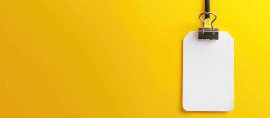 Tag identification pass with plastic material on a yellow background. Blank white badge template.