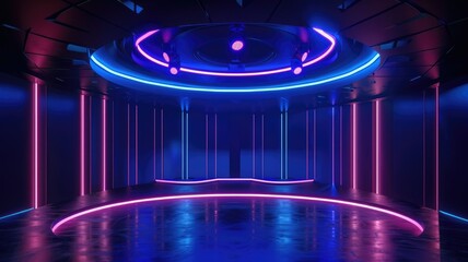 Futuristic interior with neon lights and reflections - A modern minimalist interior with circular design elements and vibrant pink and blue neon lights