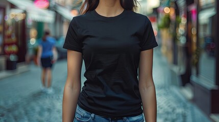 Obraz na płótnie Canvas Woman in black empty t-shirt mock up wallpaper background