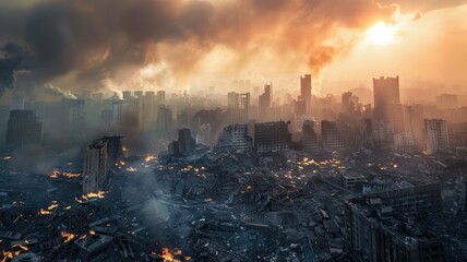 Apocalyptic city engulfed in flames and smoke - Horrifying view of an apocalyptic cityscape overwhelmed by flames and billowing smoke, depicting disaster and destruction - obrazy, fototapety, plakaty