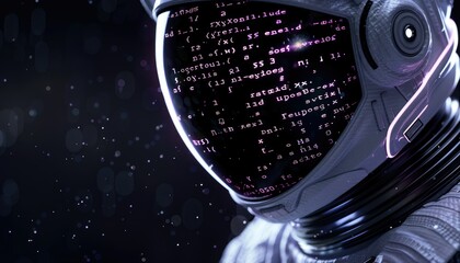 Astronaut helmet reflecting code on visor - Close-up shot of a space helmet with computer code reflecting on the glass visor, implying technology and space exploration themes
