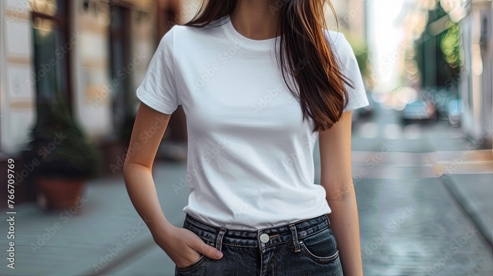 Wall mural Woman in white empty t-shirt mock up wallpaper background