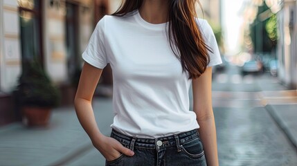 Obraz na płótnie Canvas Woman in white empty t-shirt mock up wallpaper background