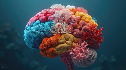 Colorful coral brain on blue ocean background - Vibrant coral formations resembling a human brain set against a deep blue underwater background