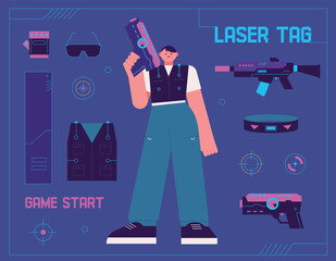 Laser tag indoor survival game. A set of Freyr holding a laser gun and combat equipment. flat vector illustration. - 766709776