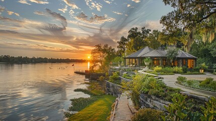 Riverside Retreats Professional photographs of riverside properties and waterfront estates offering serene river views and wate  AI generated illustration - obrazy, fototapety, plakaty