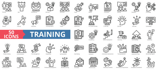 Training architecture icon collection set. Containing development, learning, workshop, coach, mentor, curriculum, seminar icon. Simple line vector.