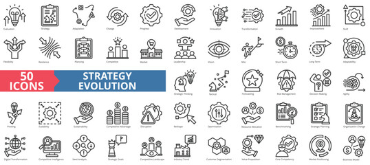 Strategy evolution icon collection set. Containing growth, transformation, adaptation, change, progress, development, innovation icon. Simple line vector. - obrazy, fototapety, plakaty