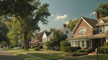 Suburban Bliss Cinematic depictions of suburban homes and neighborhoods featuring family-friendly communities tree-line AI generated illustration