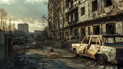 Urban Decay and Renewal Cinematic shots of urban areas affected by conflict juxtaposing scenes of destruction with sign AI generated illustration - obrazy, fototapety, plakaty