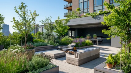 Urban Gardens and Rooftop Terraces Detailed shots of properties with urban gardens and rooftop terraces providing outdoor livin AI generated illustration