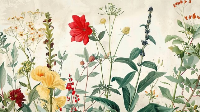 Vintage Botanical Prints Detailed photographs of vintage botanical prints and illustrations showcasing the timeless bea AI generated illustration